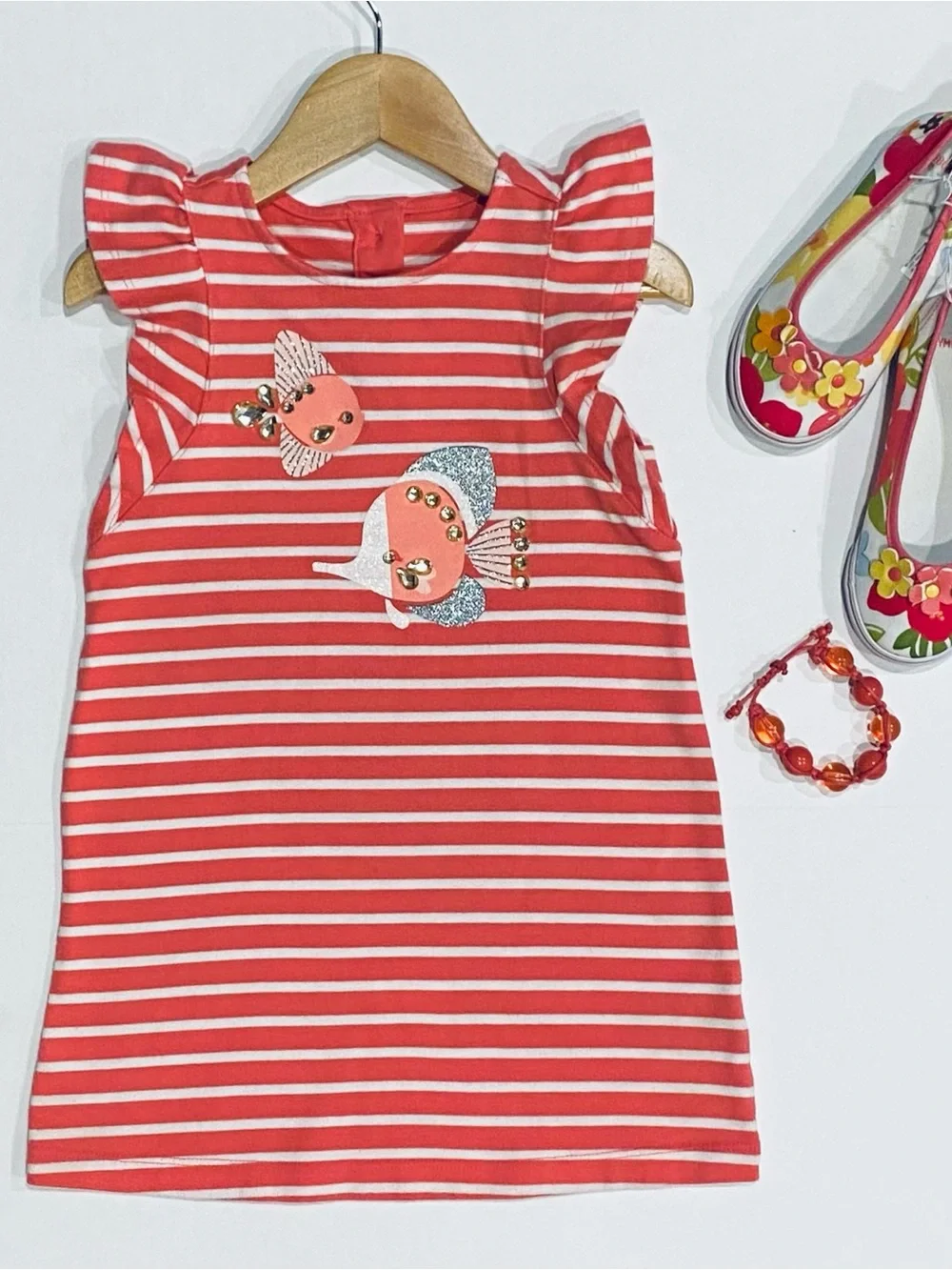 Gymboree Girls Mermaid Cove Coral and White Stripe Fish Dress Size 4